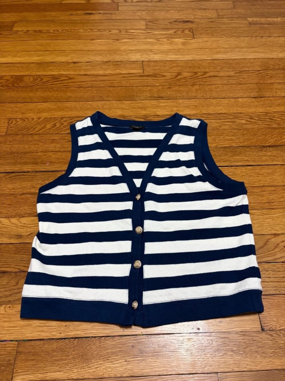 Ann Taylor Womens Cardigan Sweater Vest Size Medium Petite PM Blue White Cotton